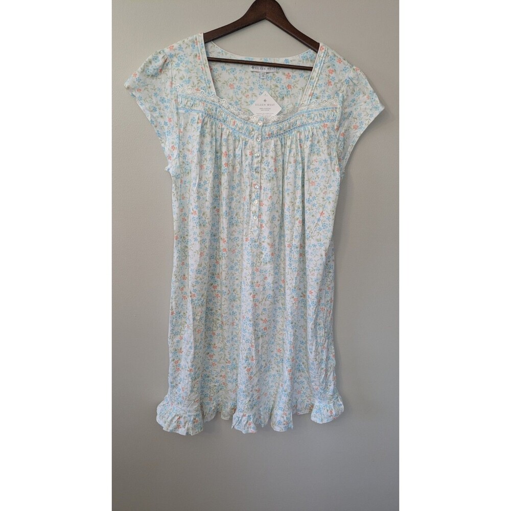 Eileen West Nightgown 1X Cotton Floral Cottagecore Romantic Lace White Multi NWT
